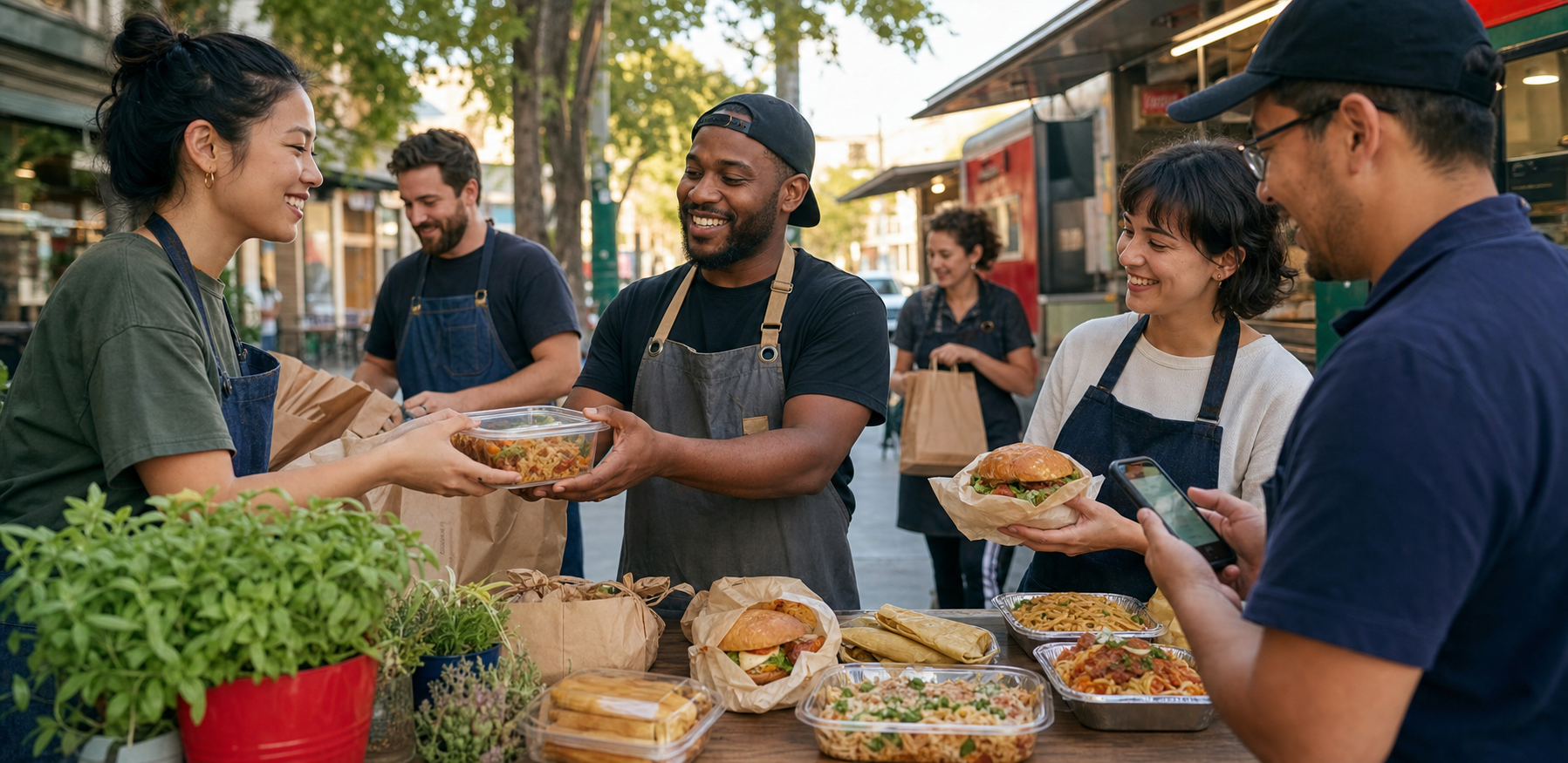 Local food people exchanging prepared food at a neighborhood sidewalk table